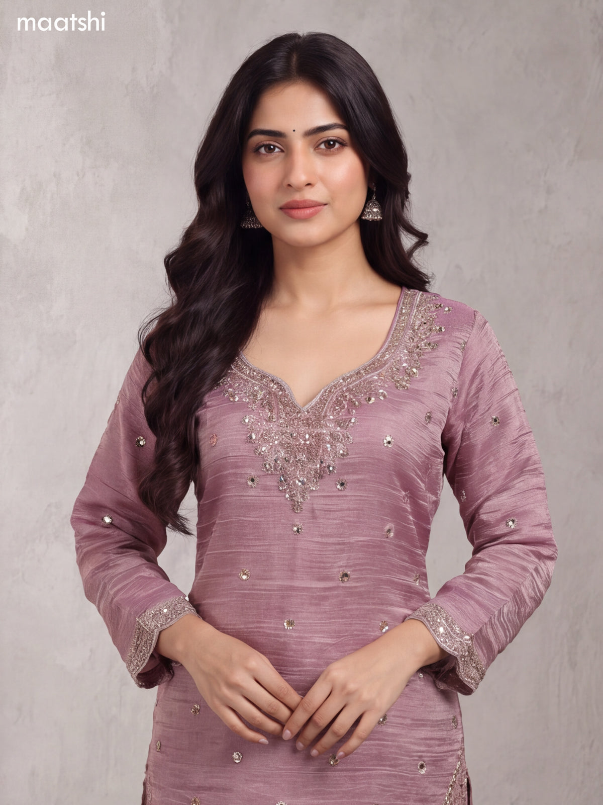 Mauve Pink Tissue Heavy Embroidery Work Short Straight Suit