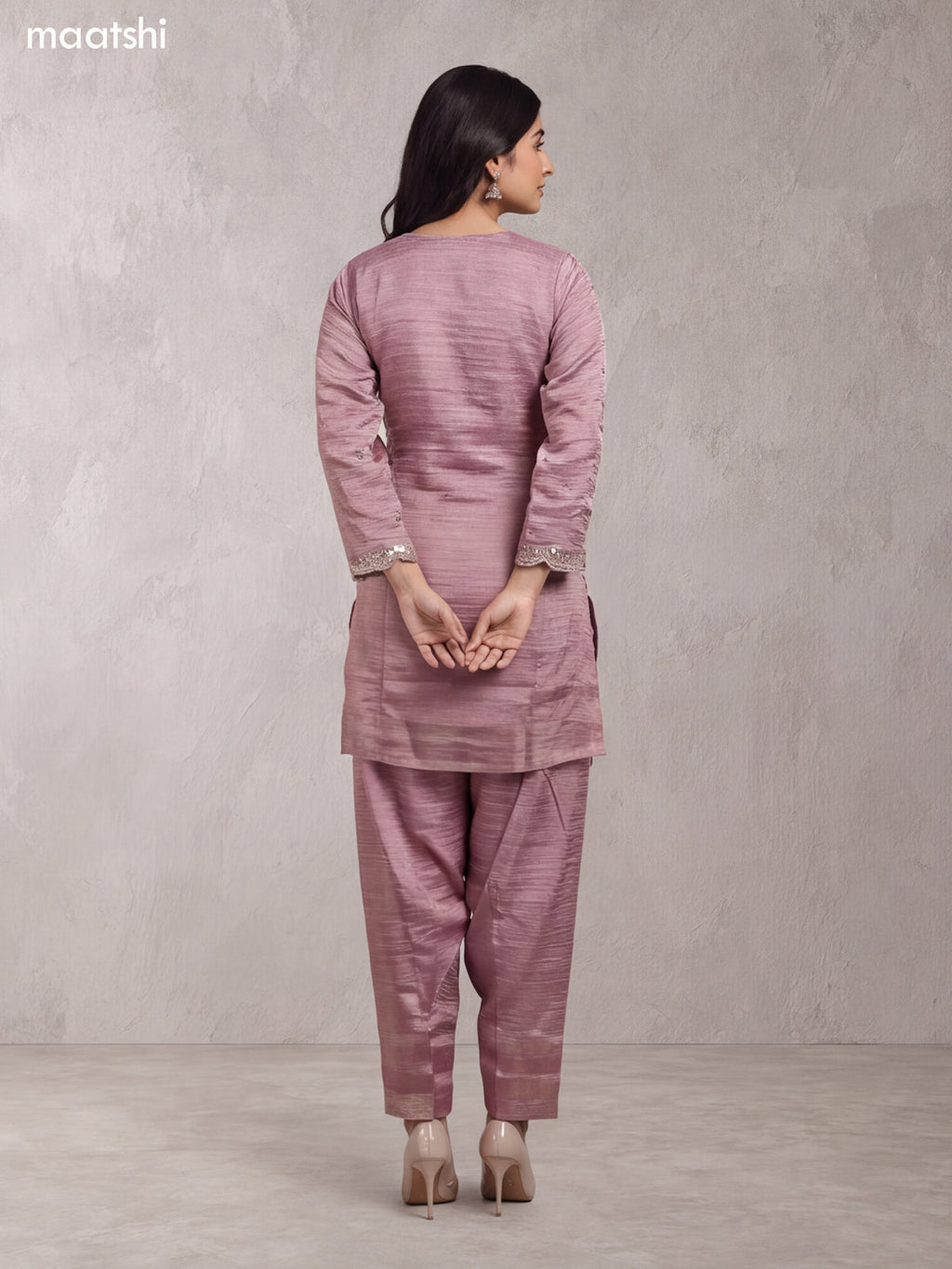 Mauve Pink Tissue Heavy Embroidery Work Short Straight Suit