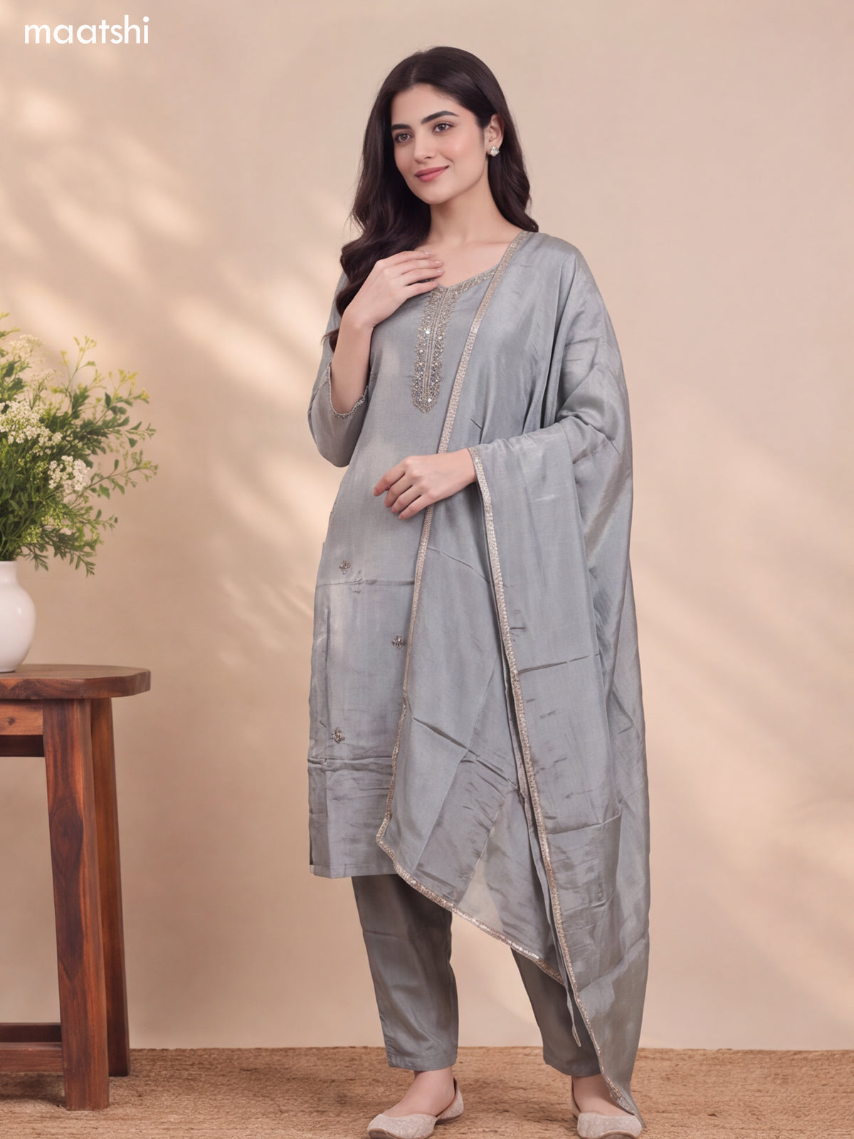Bluish Grey Tissue Heavy Embroidery Work Straight Suit