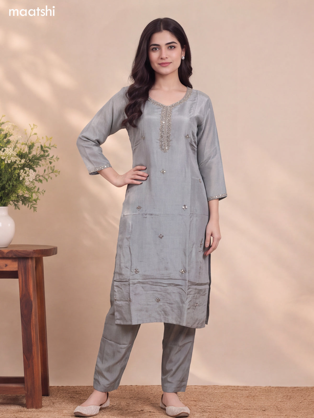 Bluish Grey Tissue Heavy Embroidery Work Straight Suit