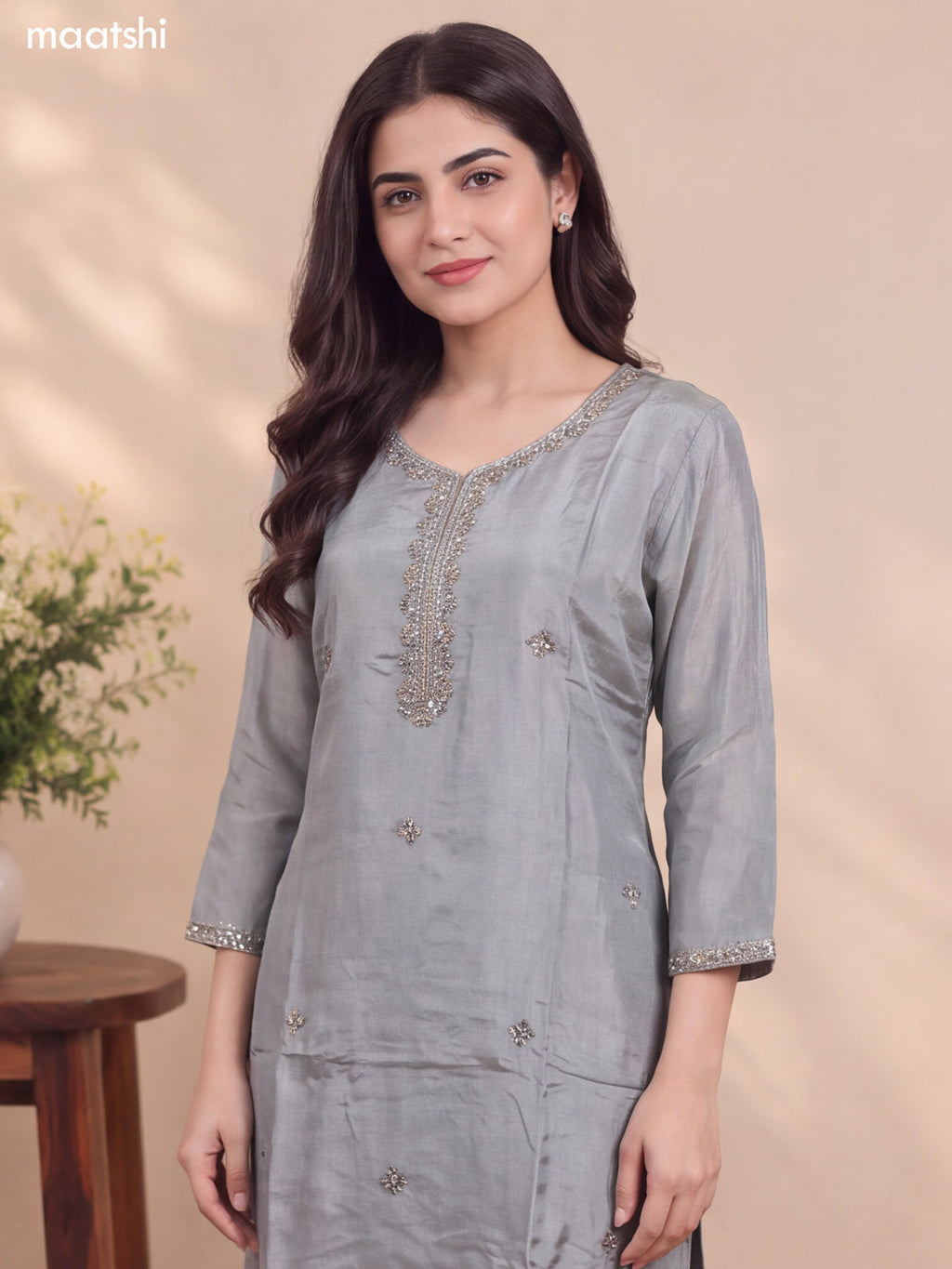 Bluish Grey Tissue Heavy Embroidery Work Straight Suit