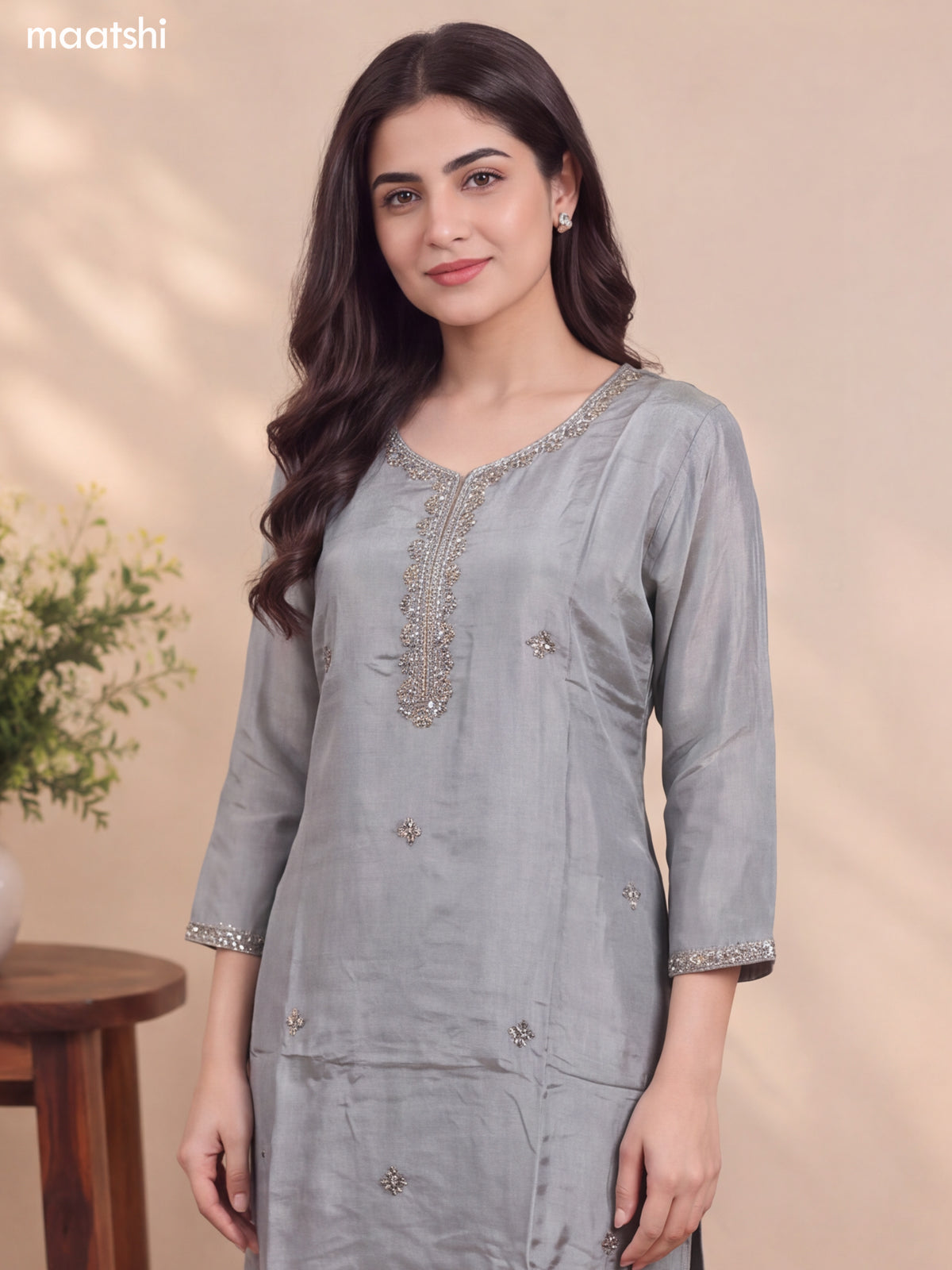 Bluish Grey Tissue Heavy Embroidery Work Straight Suit