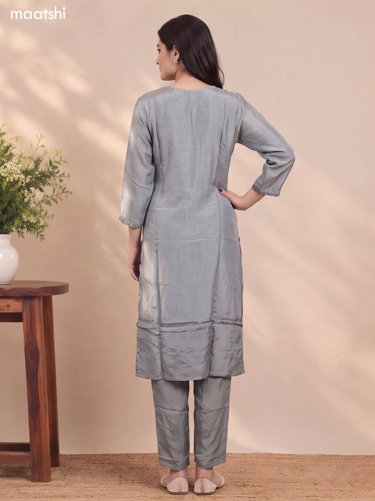 Bluish Grey Tissue Heavy Embroidery Work Straight Suit