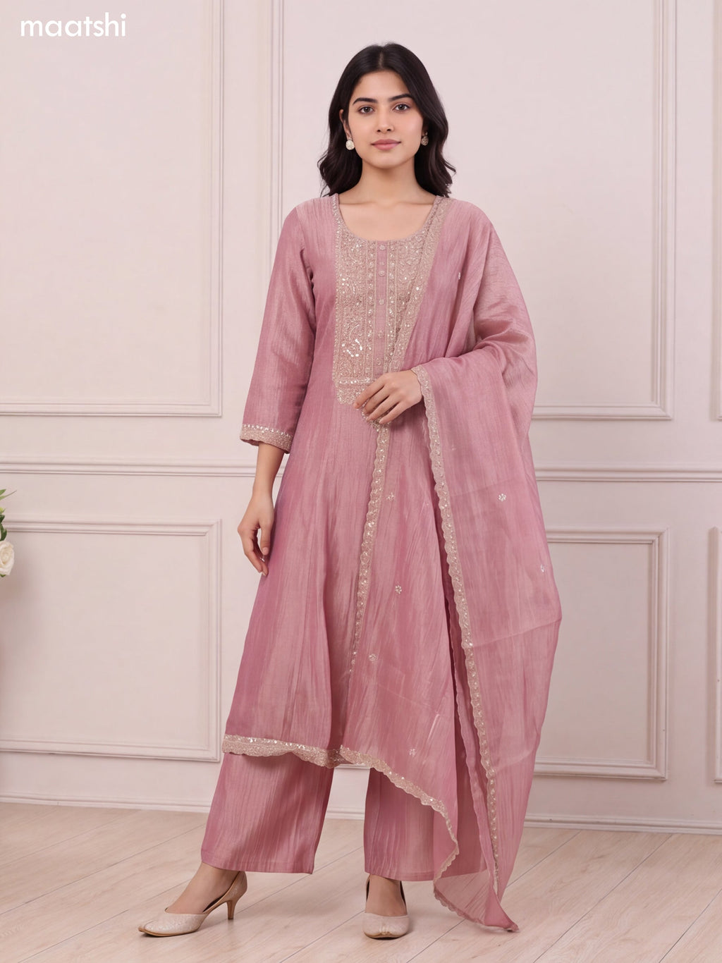 Mauve Pink Tissue Heavy Embroidery Work Anarkali Suit