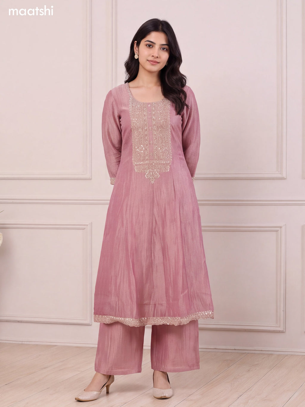 Mauve Pink Tissue Heavy Embroidery Work Anarkali Suit