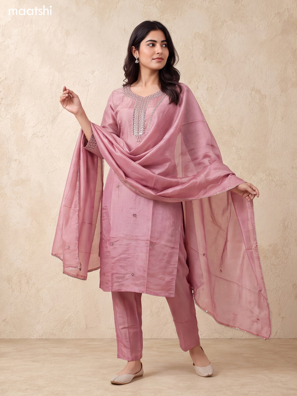 Pastel Pink Tissue Mirror Embroidery Work Straight Suit