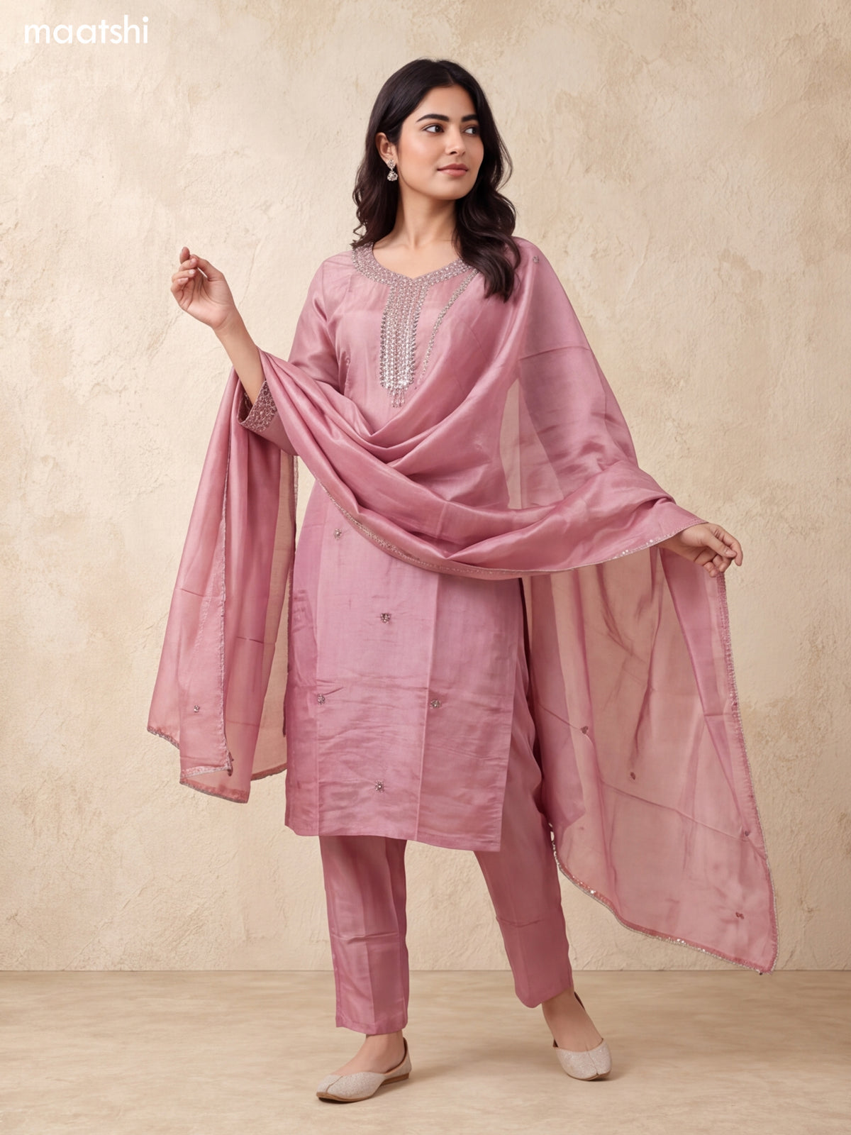 Pastel Pink Tissue Mirror Embroidery Work Straight Suit