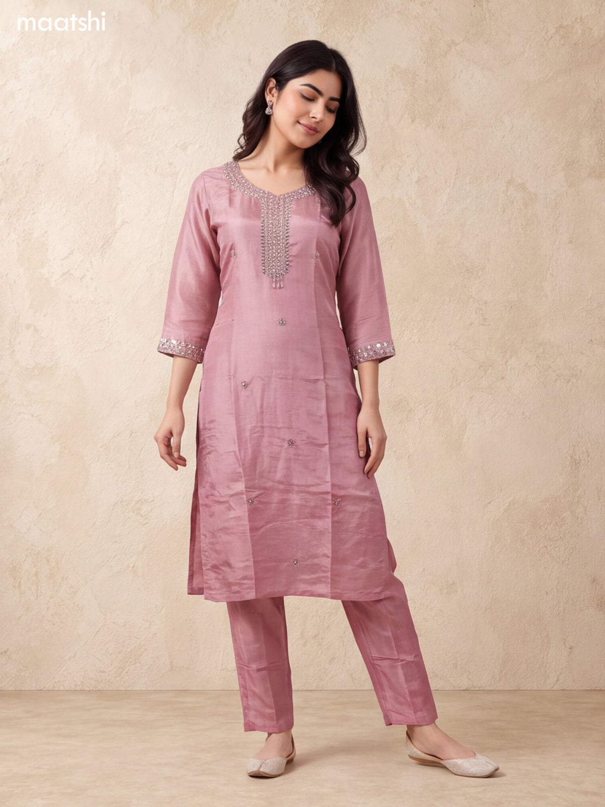Pastel Pink Tissue Mirror Embroidery Work Straight Suit