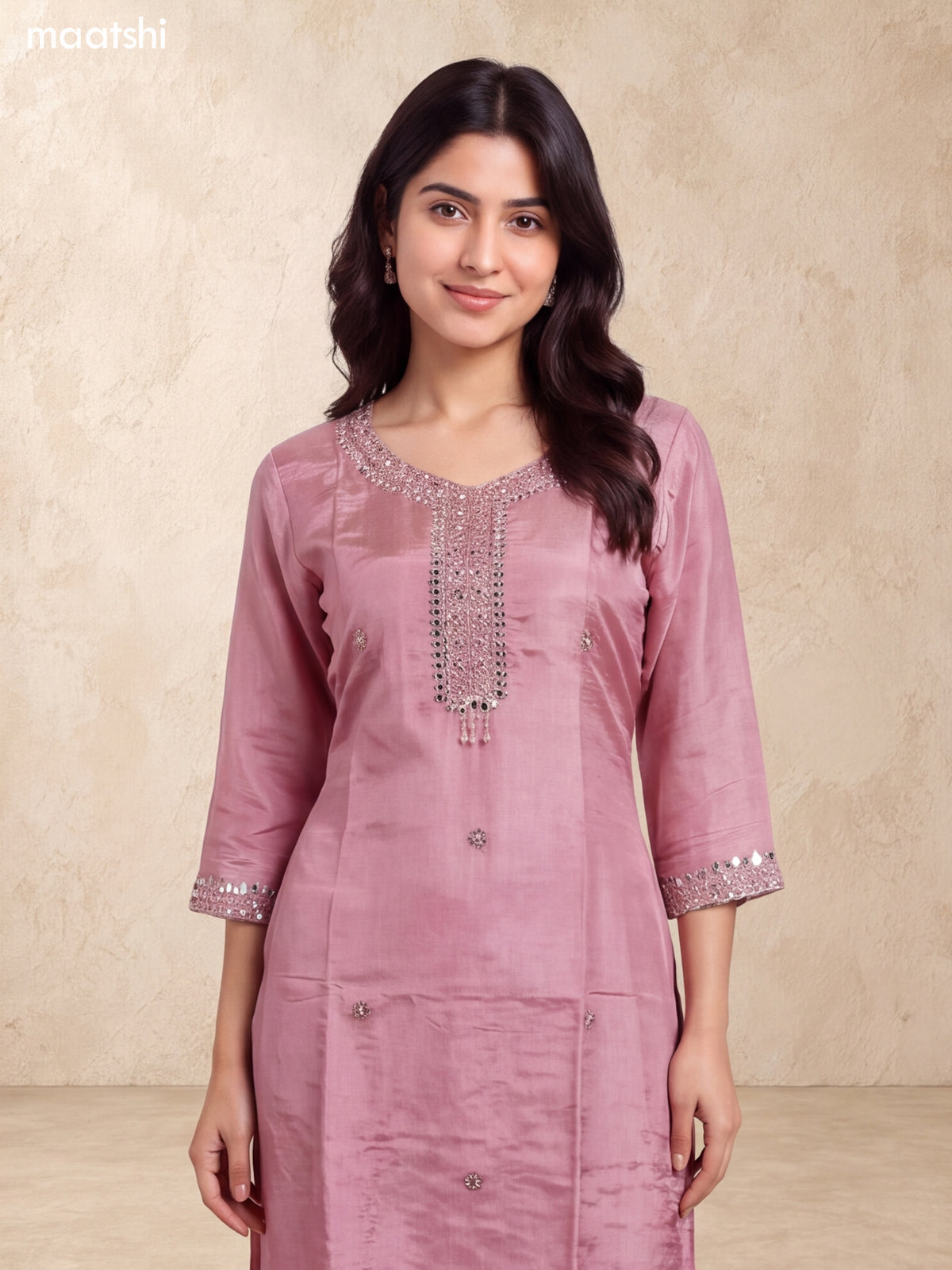 Pastel Pink Tissue Mirror Embroidery Work Straight Suit