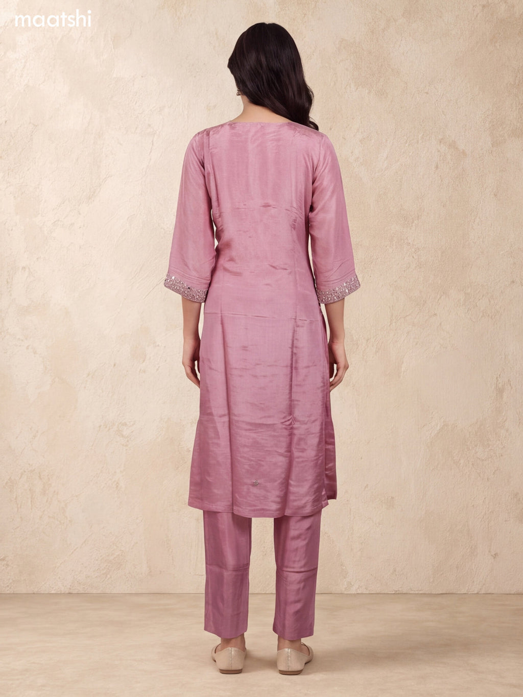 Pastel Pink Tissue Mirror Embroidery Work Straight Suit