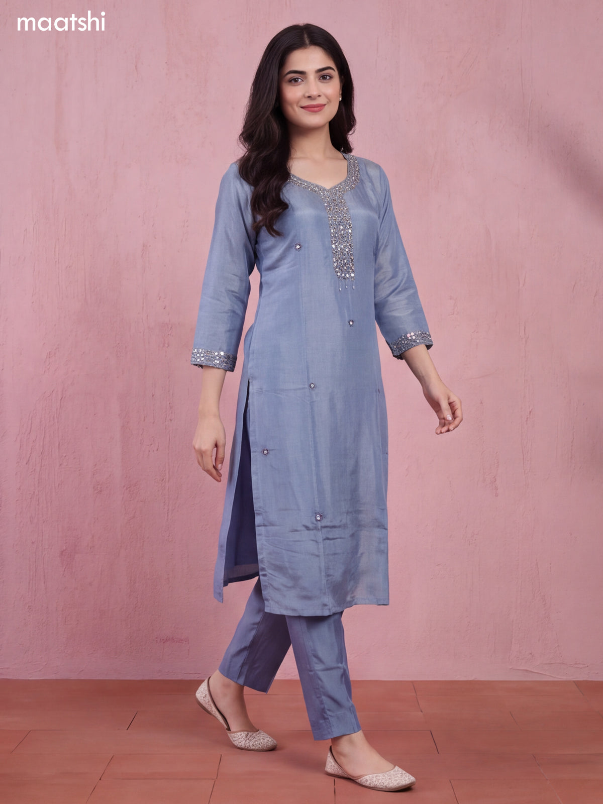 Bluish Grey Tissue Mirror Embroidery Work Straight Suit