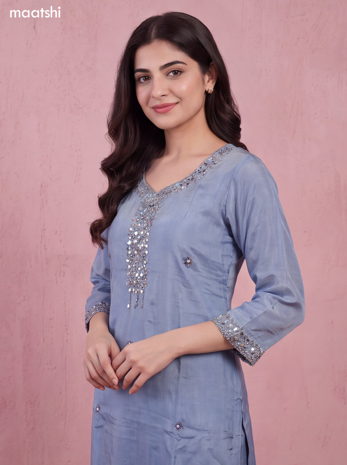 Bluish Grey Tissue Mirror Embroidery Work Straight Suit
