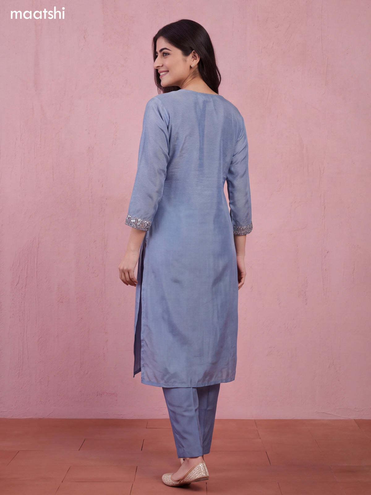 Bluish Grey Tissue Mirror Embroidery Work Straight Suit