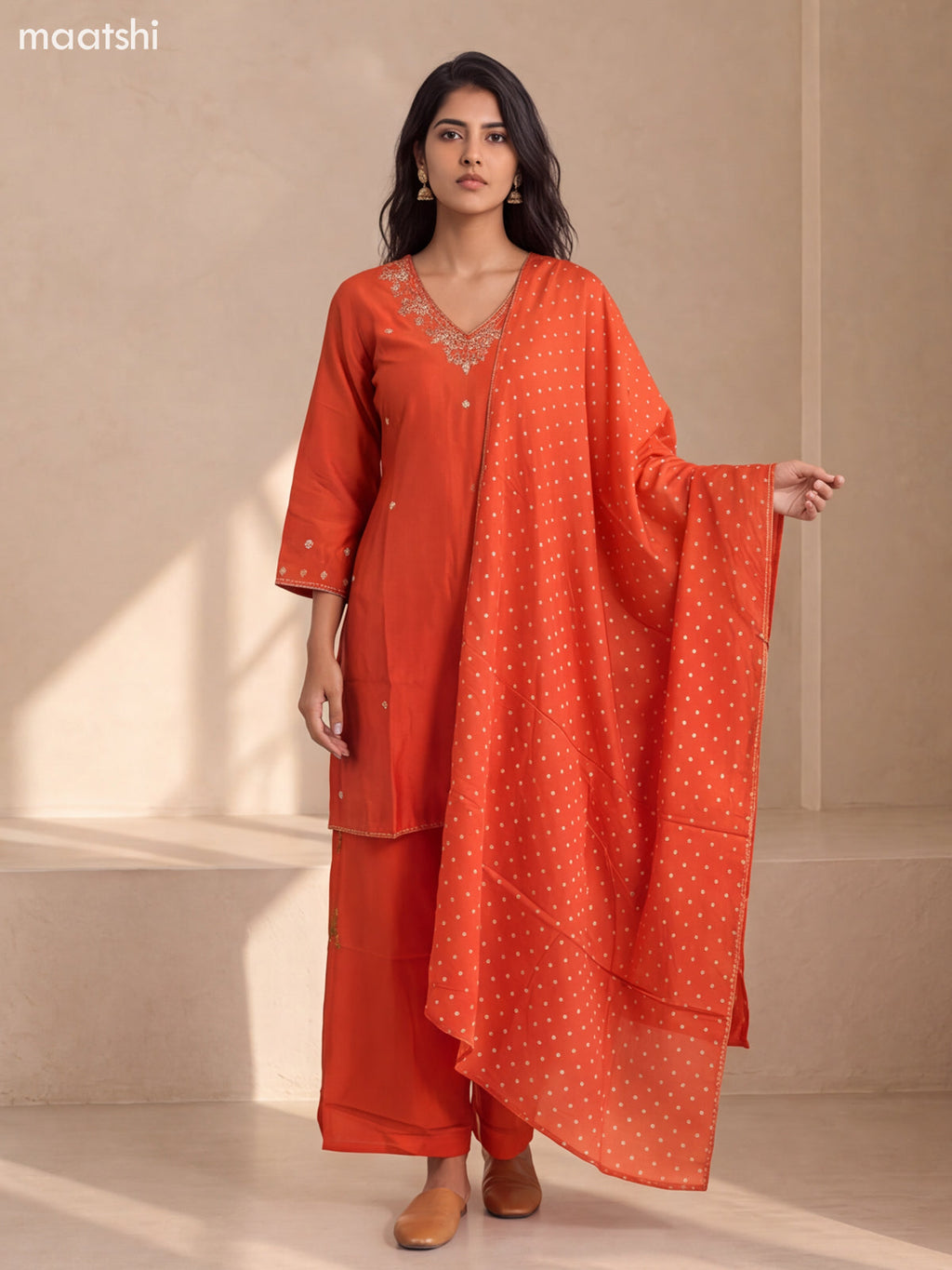 Rust Orange Art Silk Embroidery Work Short Straight Suit