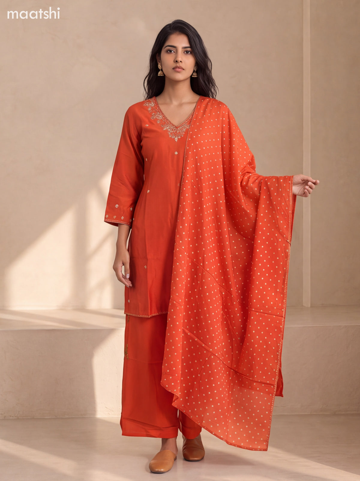 Rust Orange Art Silk Embroidery Work Short Straight Suit