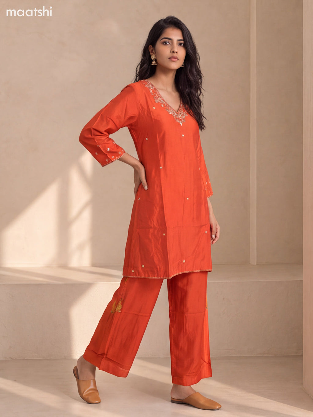 Rust Orange Art Silk Embroidery Work Short Straight Suit