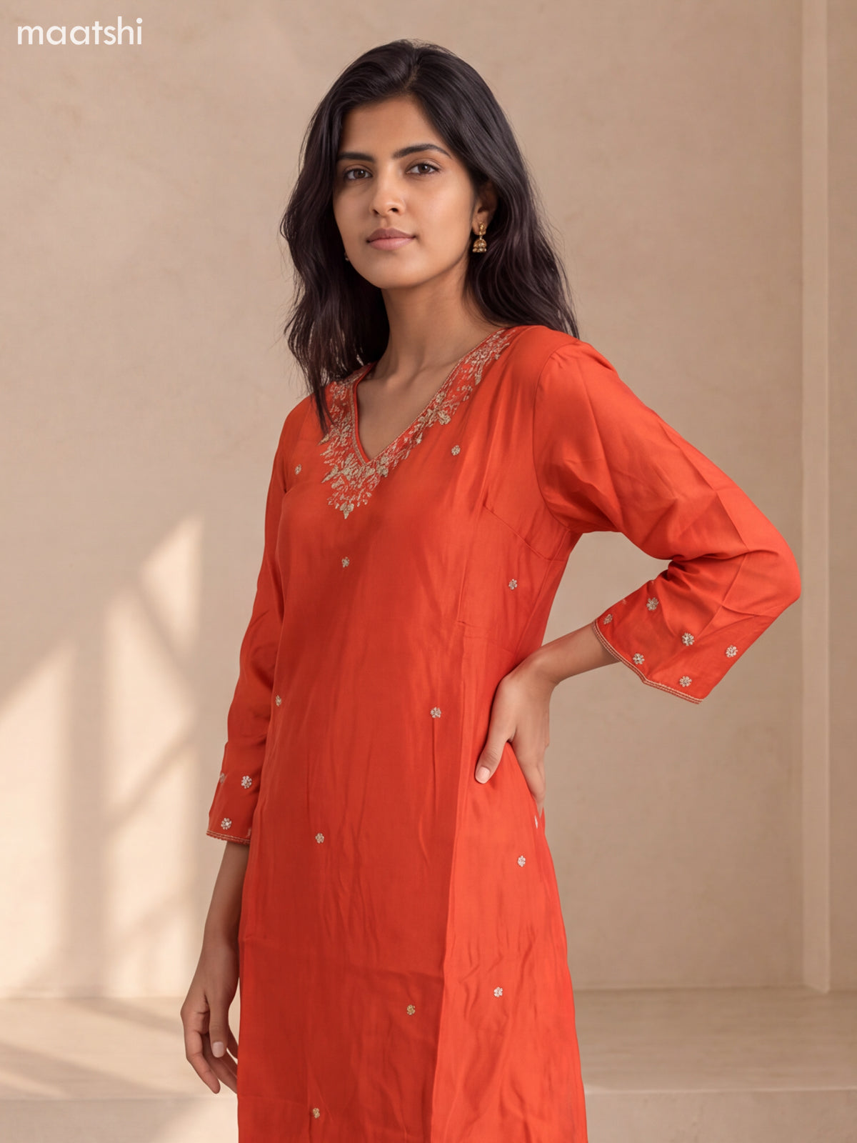 Rust Orange Art Silk Embroidery Work Short Straight Suit