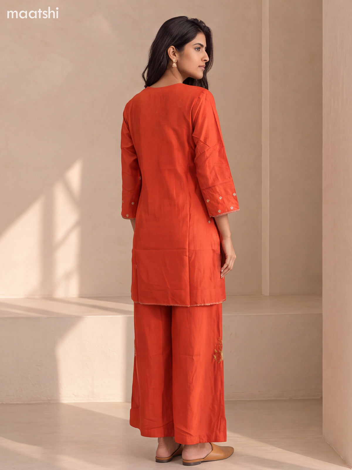 Rust Orange Art Silk Embroidery Work Short Straight Suit