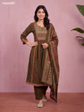 Dark Mehendi Green and Biege Cotton Embroidery Work Straight Suit
