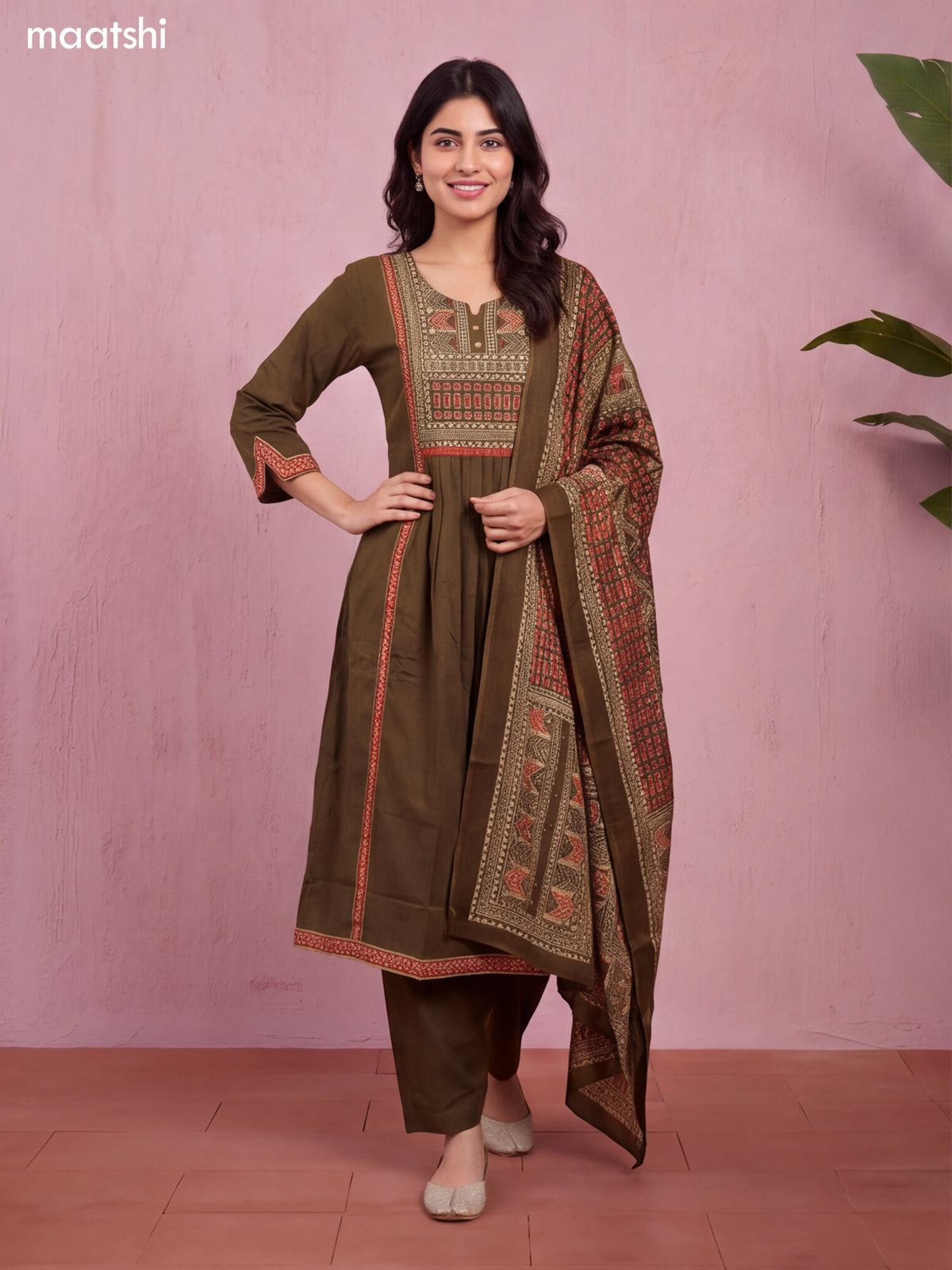 Dark Mehendi Green and Biege Cotton Embroidery Work Straight Suit