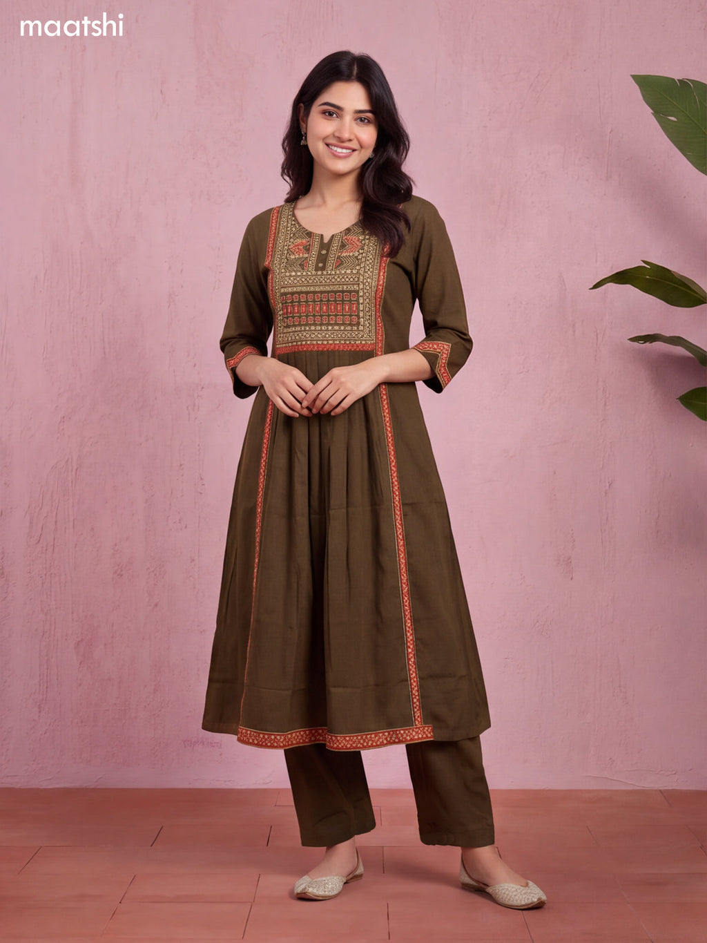 Dark Mehendi Green and Biege Cotton Embroidery Work Straight Suit