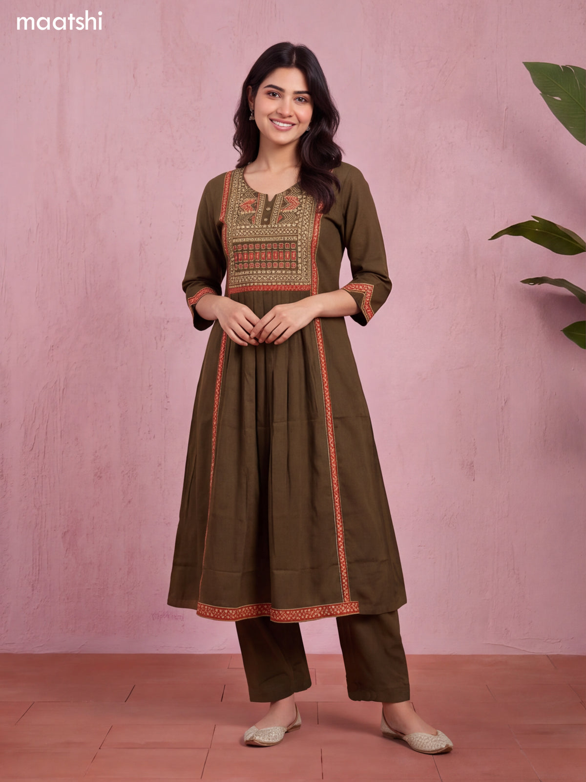 Dark Mehendi Green and Biege Cotton Embroidery Work Straight Suit