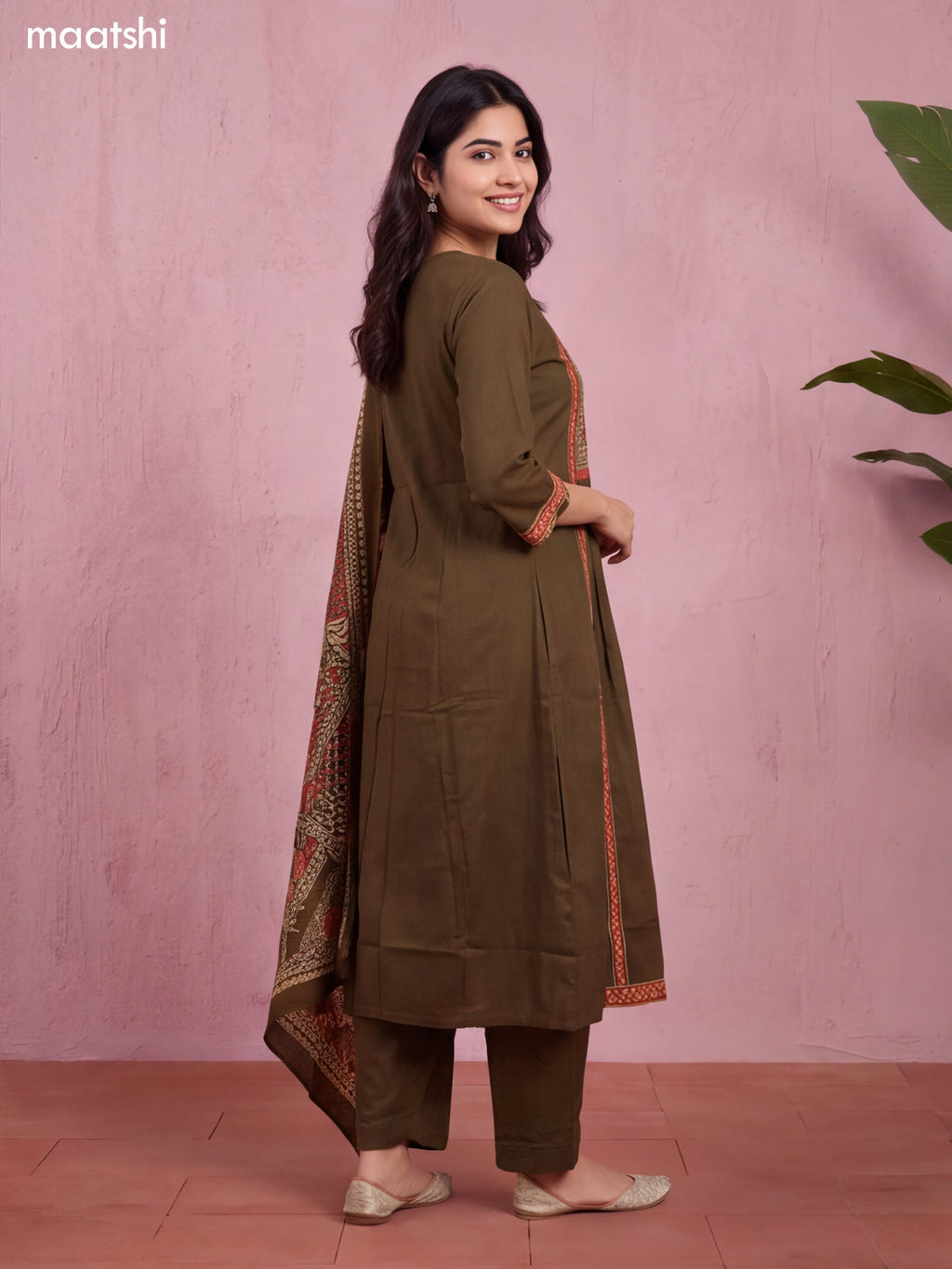 Dark Mehendi Green and Biege Cotton Embroidery Work Straight Suit