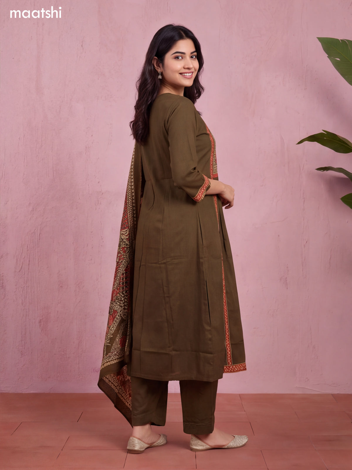 Dark Mehendi Green and Biege Cotton Embroidery Work Straight Suit