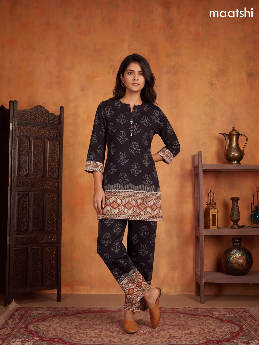 Black and Biege Cotton Printed Short Co-Ord Set