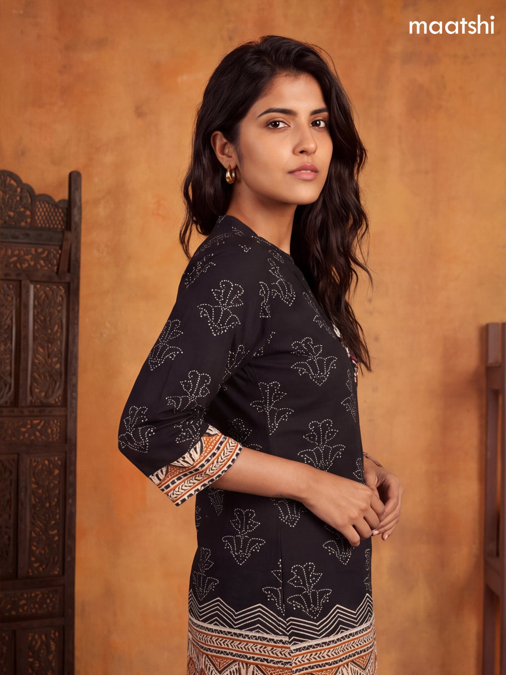 Black and Biege Cotton Printed Short Co-Ord Set