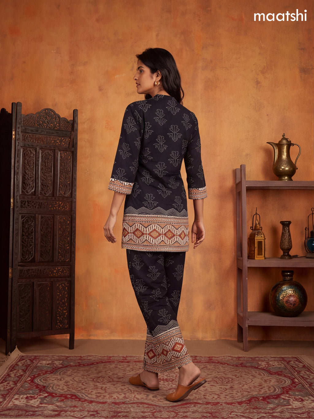 Black and Biege Cotton Printed Short Co-Ord Set