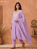 Lavander and Off White Mul Chanderi Embroidery Work Anarkali Suit