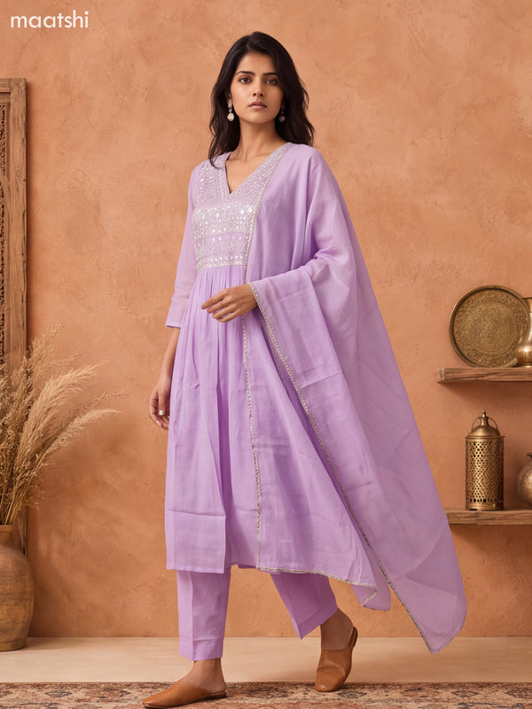 Lavender and Off White Mul Chanderi Embroidery Work Anarkali Suit