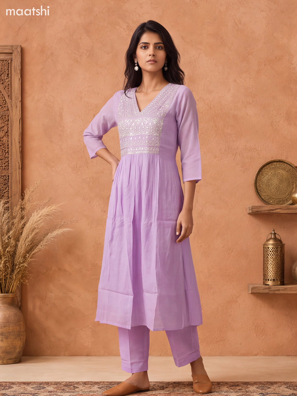 Lavander and Off White Mul Chanderi Embroidery Work Anarkali Suit