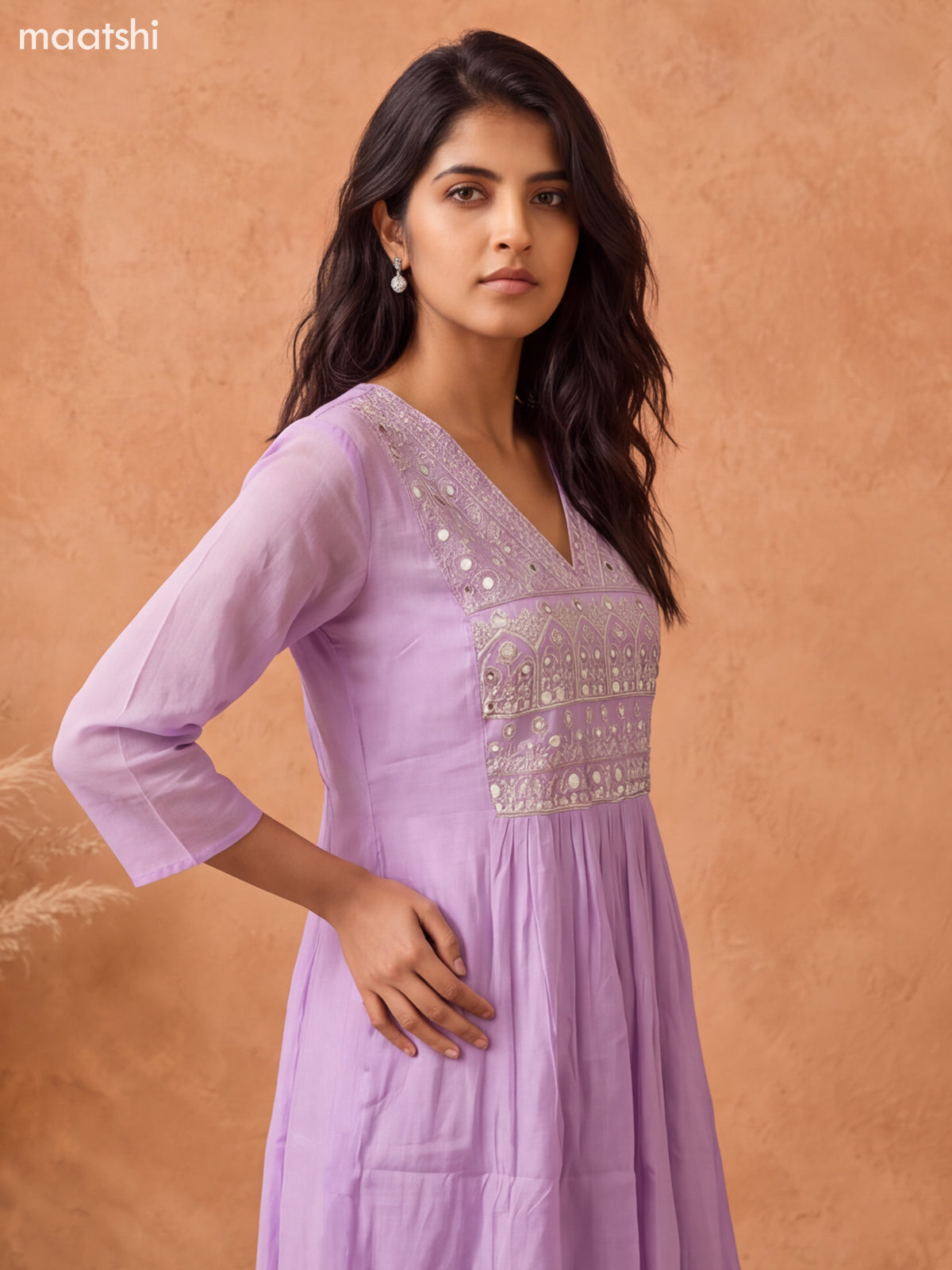 Lavander and Off White Mul Chanderi Embroidery Work Anarkali Suit