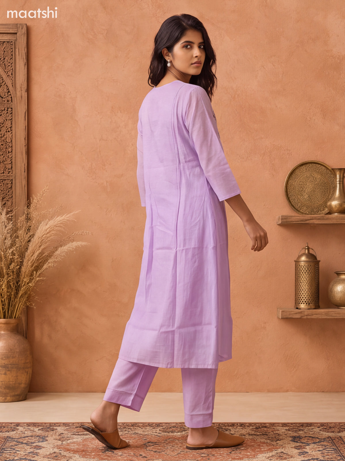 Lavander and Off White Mul Chanderi Embroidery Work Anarkali Suit