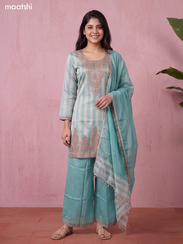 Teal Blue and Biege Tissue Heavy Embroidery Work Straight Suit