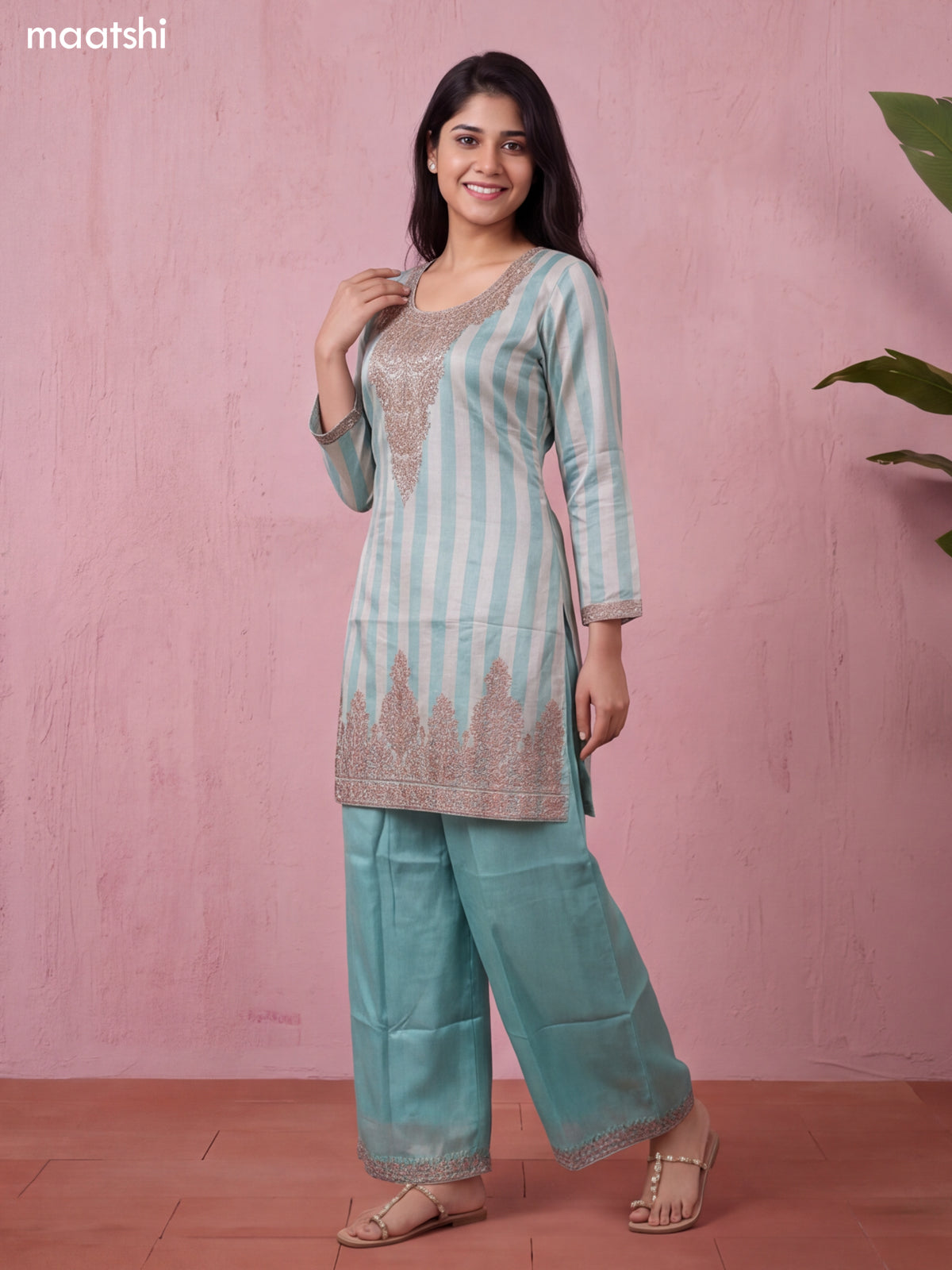 Teal Blue and Biege Tissue Heavy Embroidery Work Straight Suit