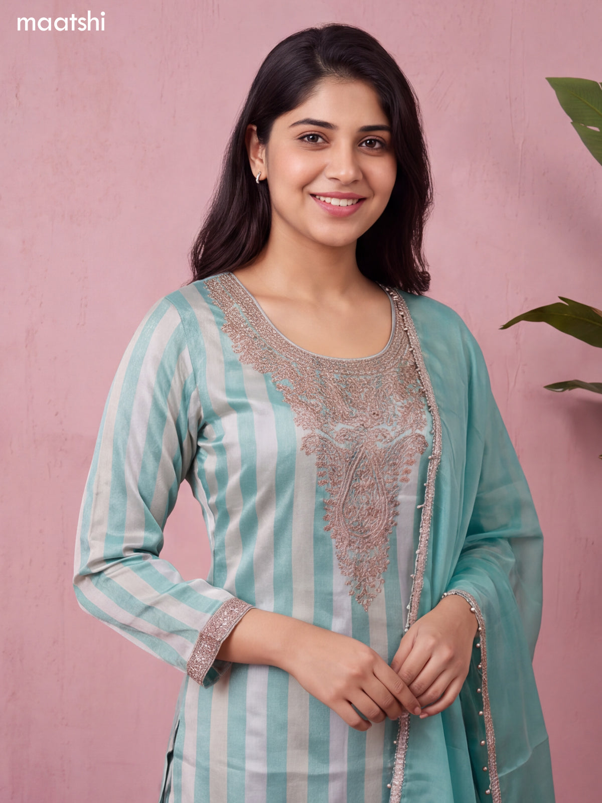 Teal Blue and Biege Tissue Heavy Embroidery Work Straight Suit
