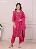 Rani Pink Art Tussar Floral Prints & Embroidery Work Straight Suit