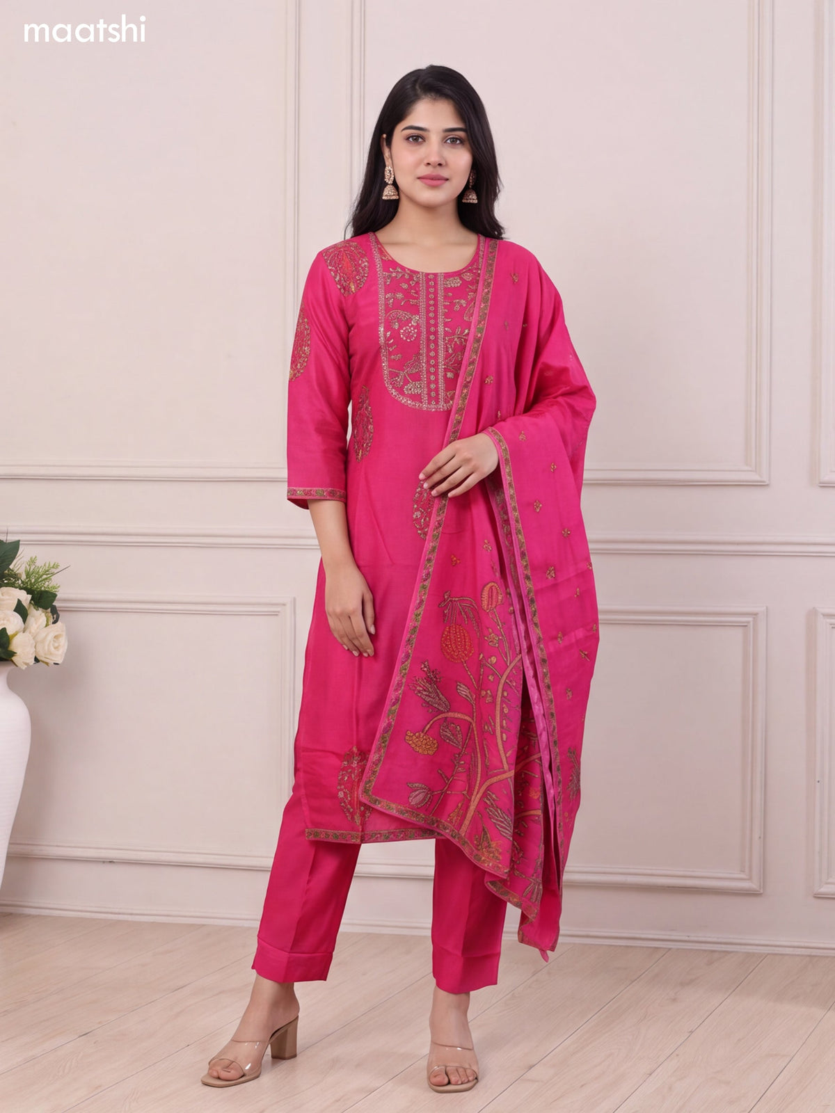 Rani Pink Art Tussar Floral Prints & Embroidery Work Straight Suit