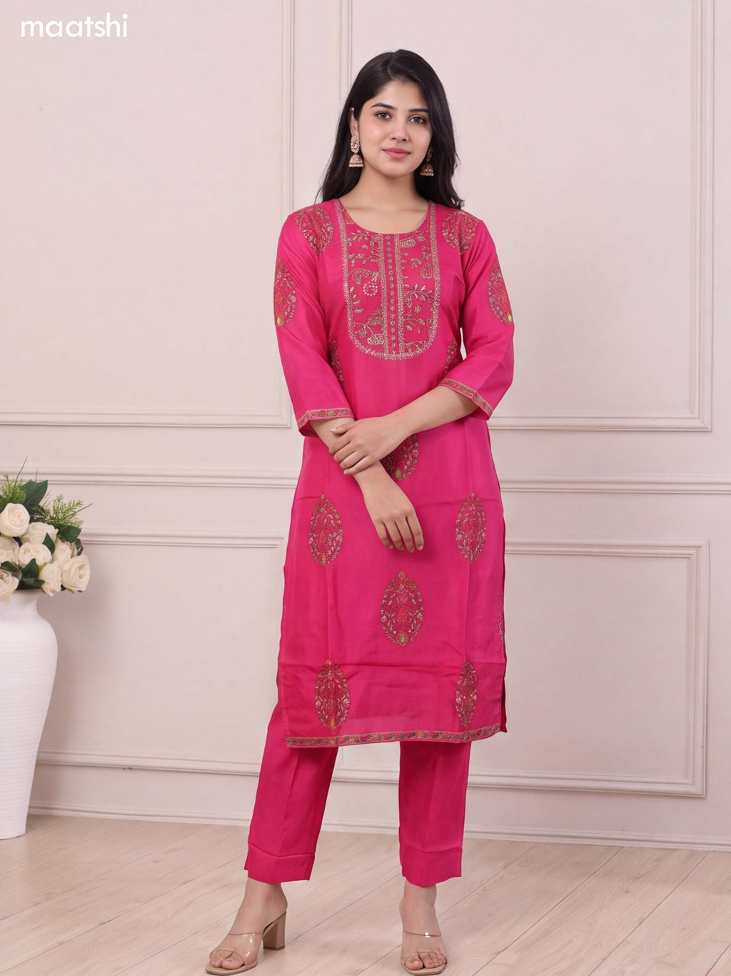 Rani Pink Art Tussar Floral Prints & Embroidery Work Straight Suit