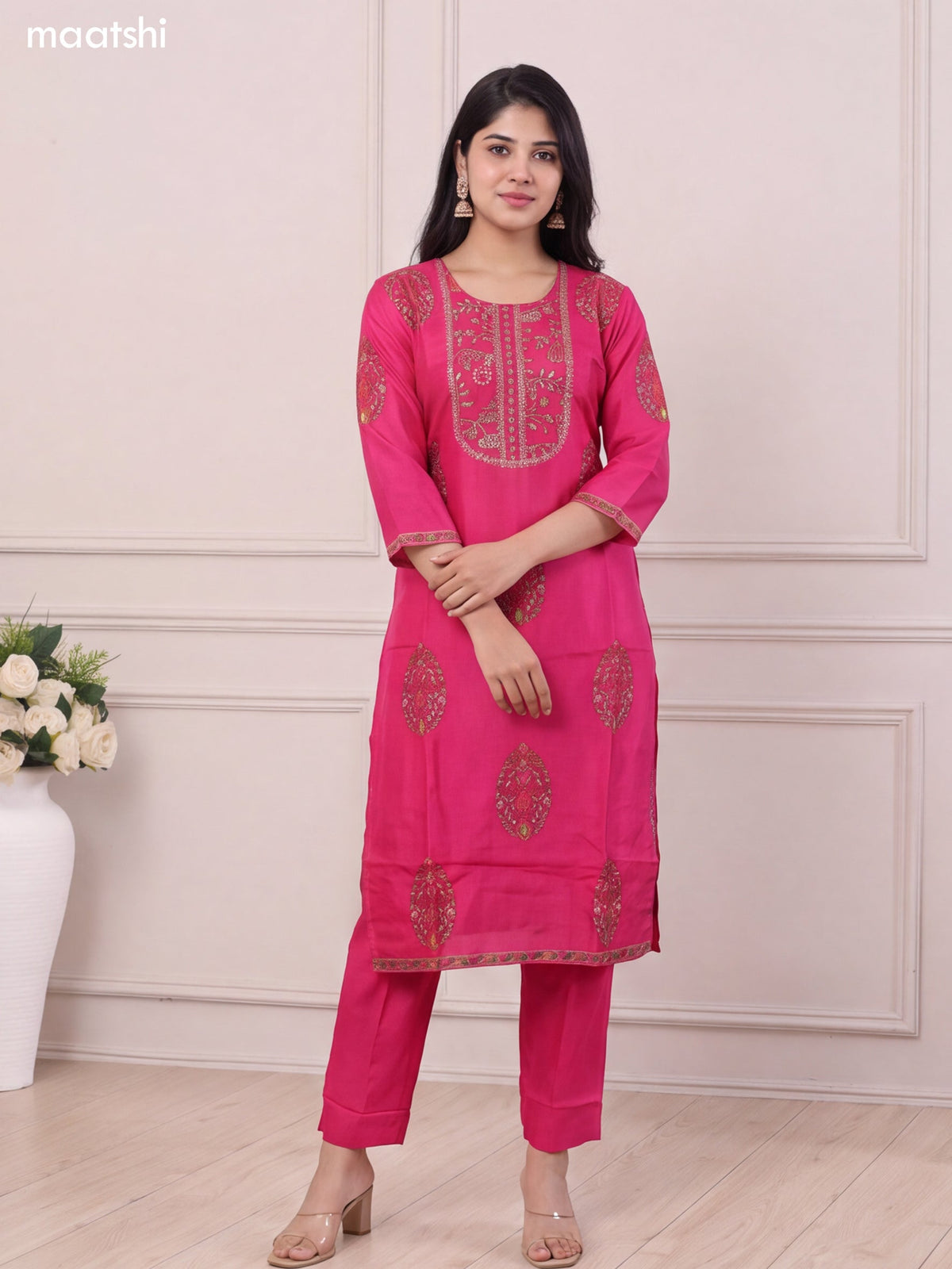 Rani Pink Art Tussar Floral Prints & Embroidery Work Straight Suit