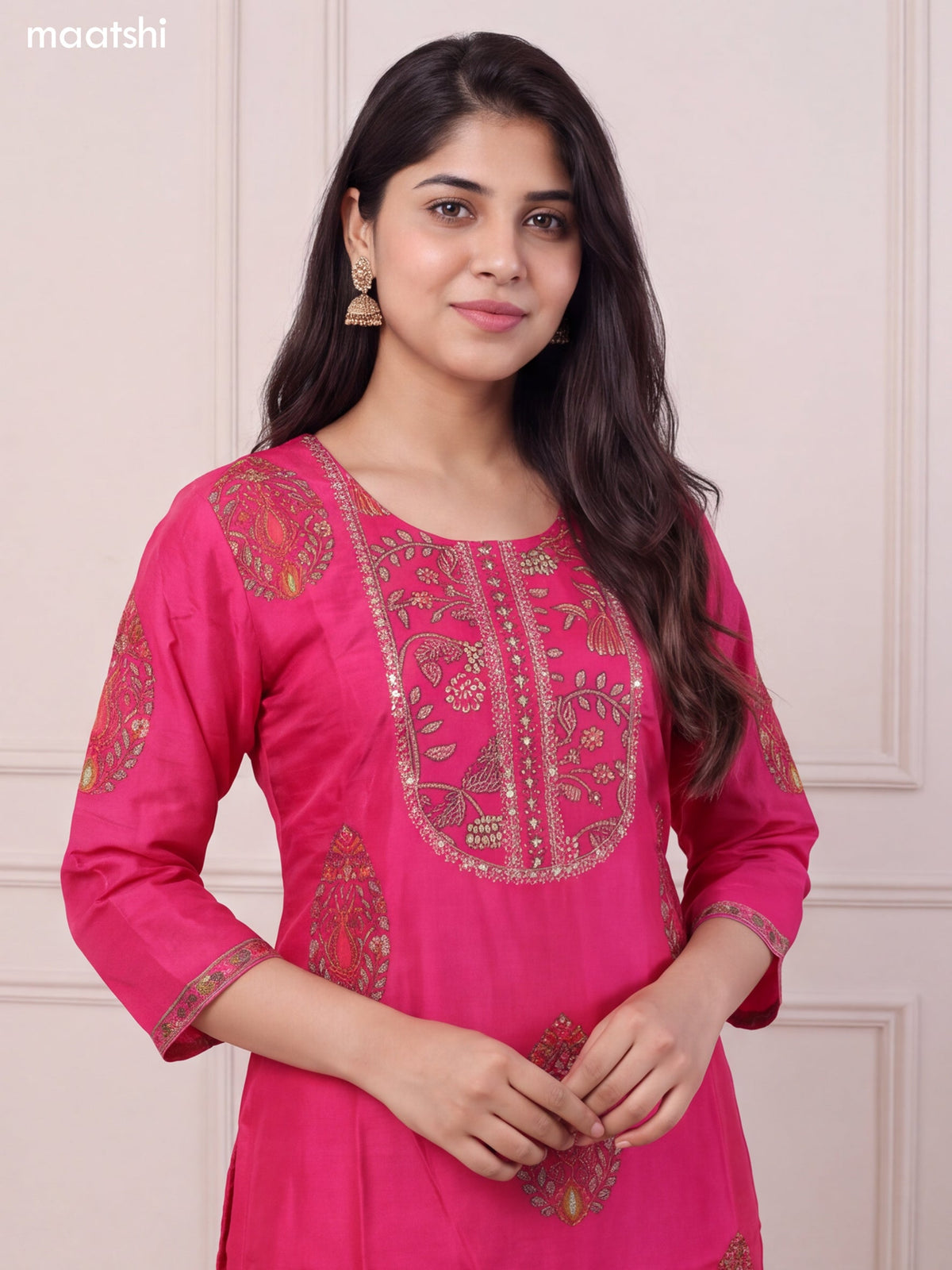 Rani Pink Art Tussar Floral Prints & Embroidery Work Straight Suit