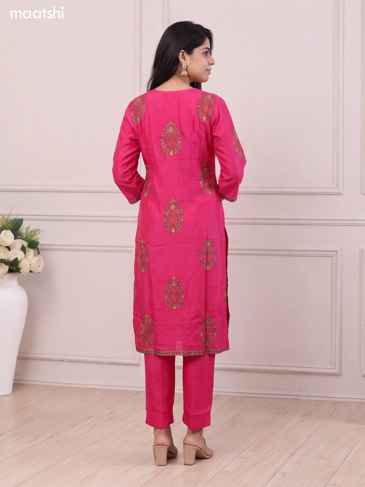 Rani Pink Art Tussar Floral Prints & Embroidery Work Straight Suit