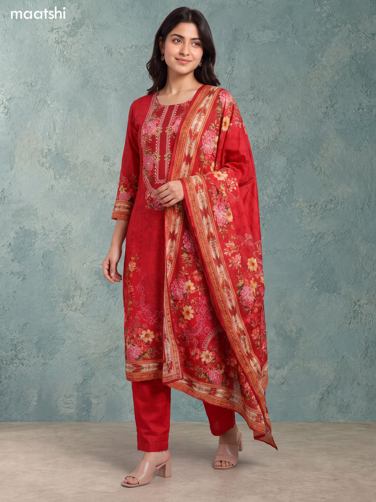 Red Art Tussar Floral Prints & Embroidery Work Straight Suit