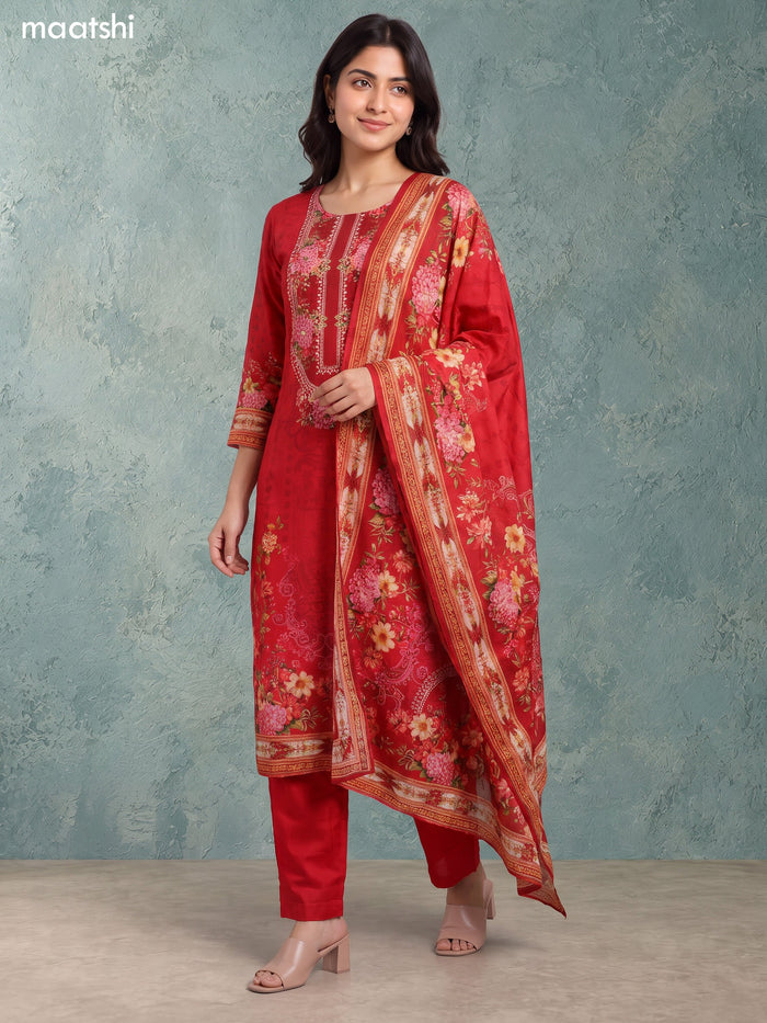 Red Art Tussar Floral Prints & Embroidery Work Straight Suit
