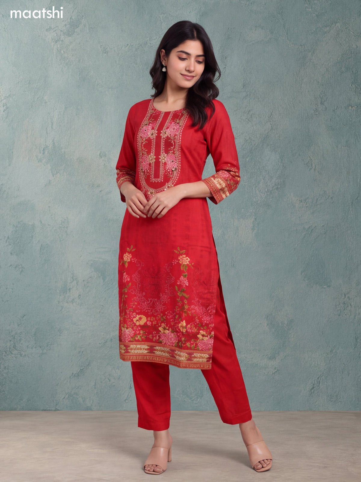 Red Art Tussar Floral Prints & Embroidery Work Straight Suit
