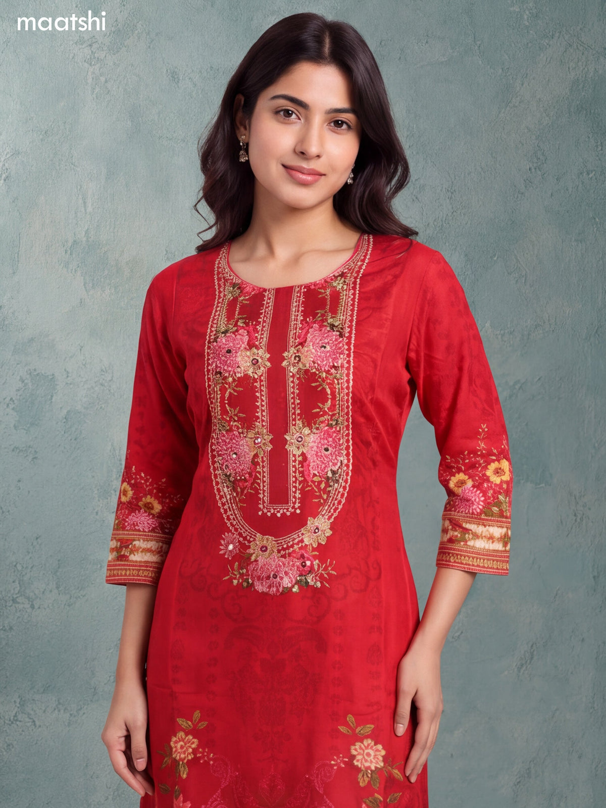 Red Art Tussar Floral Prints & Embroidery Work Straight Suit