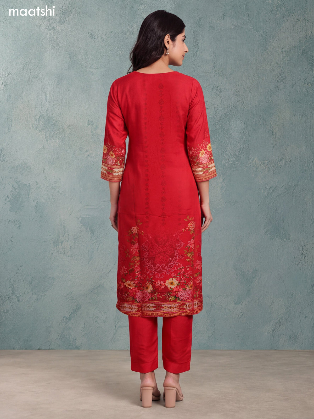 Red Art Tussar Floral Prints & Embroidery Work Straight Suit